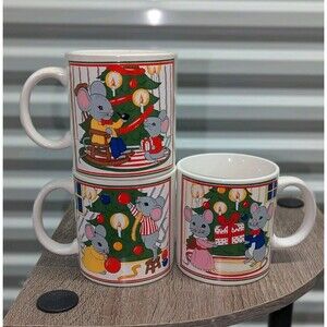 Bundle Of 3 Vintage Christmas Holiday Mugs Mouse Coffee Tea Kitsch Kawaii Japan